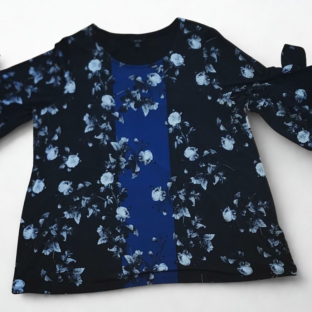 Alfani 2X Black Floral Blouse Blue Panel Flowy Sleeve Plus Size
